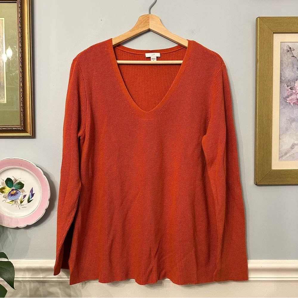 J Jill V-Neck Orange Tunic Sweater Size Medium Ribbed Oversized Cozy Fall